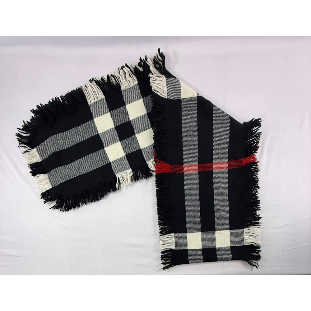 Authentic Burberry Black Wool Half Mega Fashion Plaid Check Fringe Scarf
